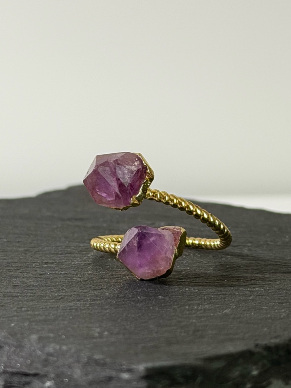 New Raw Amethyst Double-Stone Adjustable Ring